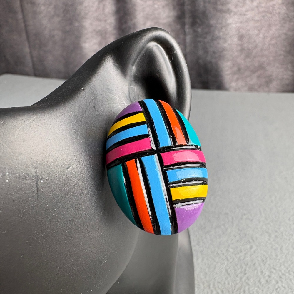 Vintage 80s Style Geometric Multi Color Stripe Oval Stud Earrings Retro Pop Art
